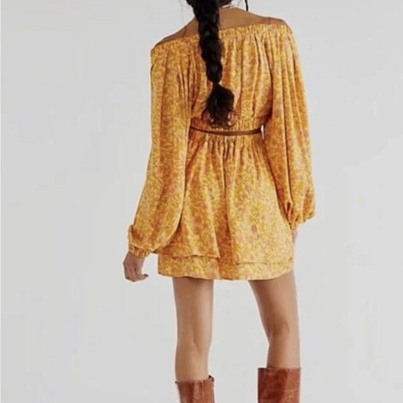 Free People Jael Cutout Mini Dress Golden Yellow Motif Floral Long Sleeve size M - Picture 5 of 11